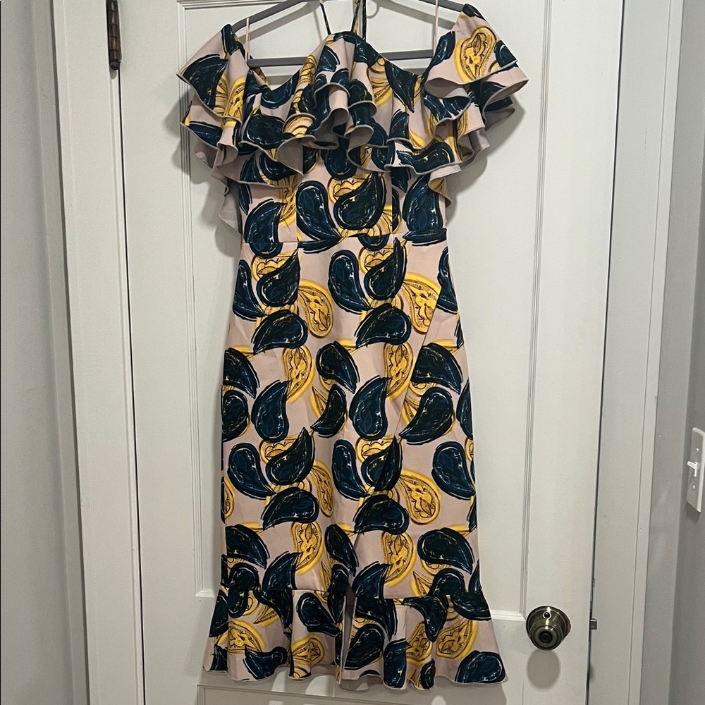C/MEO Collective Strapless Dress with Navy and Yellow Print
